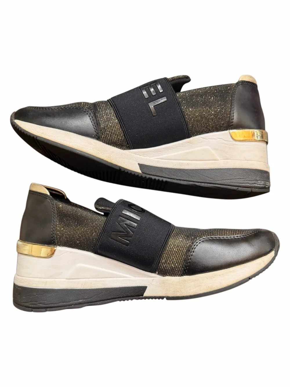 Michael Kors Black and Gold Slip-On Sneakers with Logo Strap